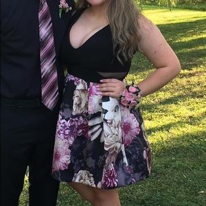 Black dress with pink/purple floral skirt